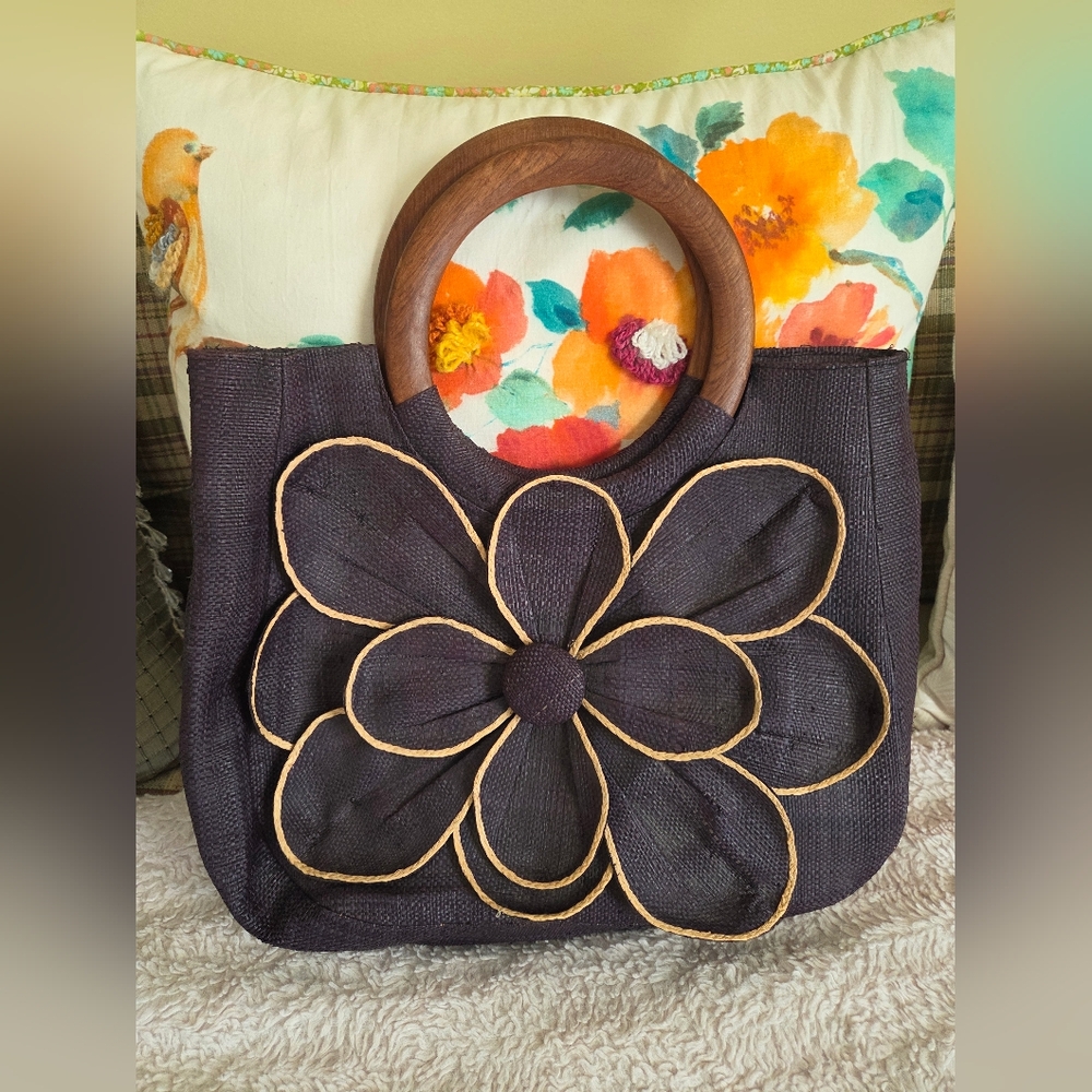 Woven Floral Satchel with Wood Handles - Black